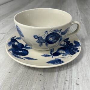 California Pantry Classic Ceramics Cup And Saucer Blue White Fruit 2002